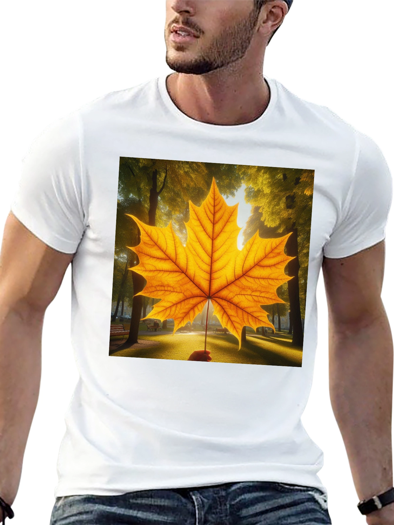 Camiseta Negra con Hoja de Arce Otoñal