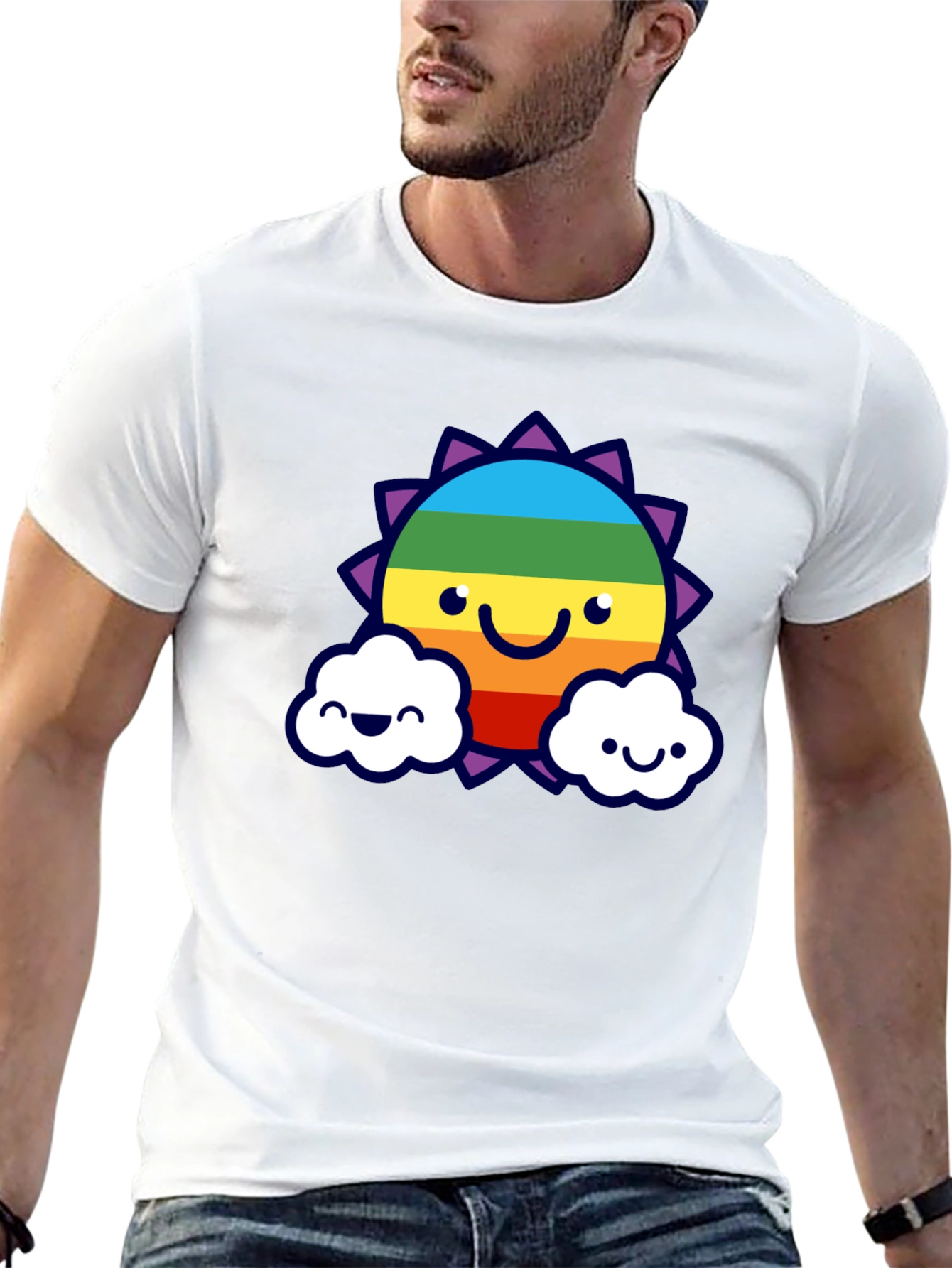 Camiseta Negra con Sol Arcoíris Sonriente