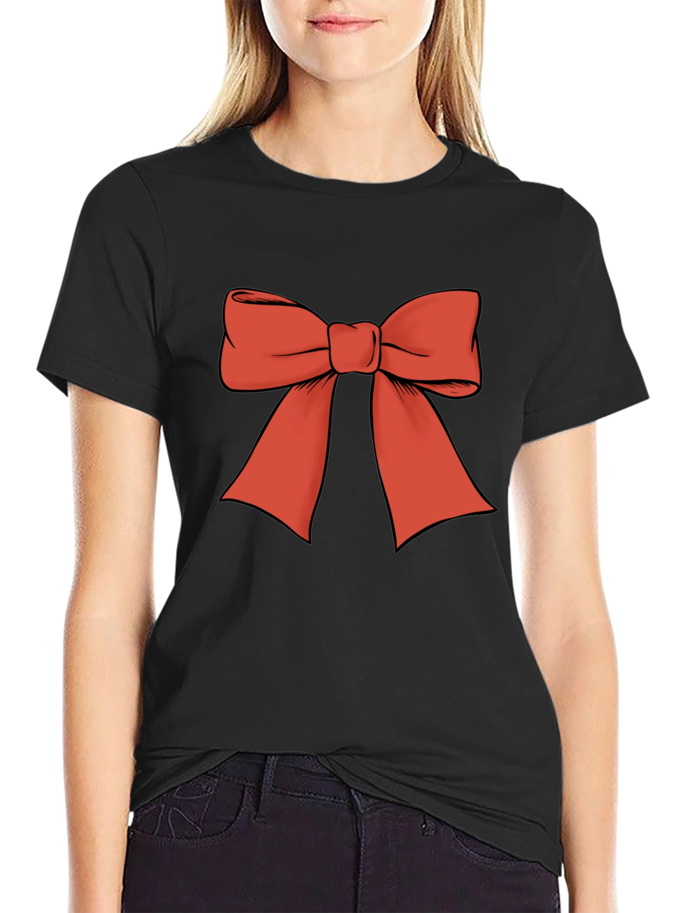 Camiseta Negra con Lazo Rojo Festivo