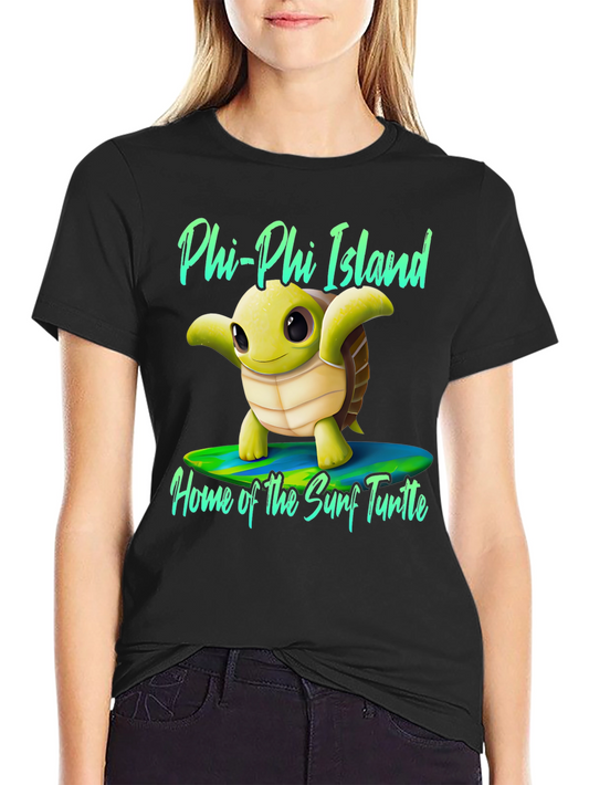 Camiseta Negra con Diseño de Tortuga Surfista Phi-Phi Island