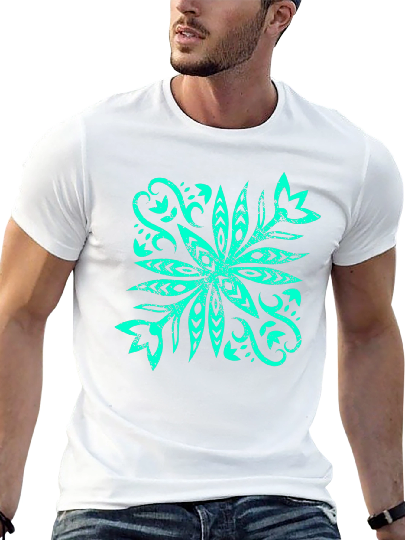 Camiseta Negra con Diseño Floral Turquesa