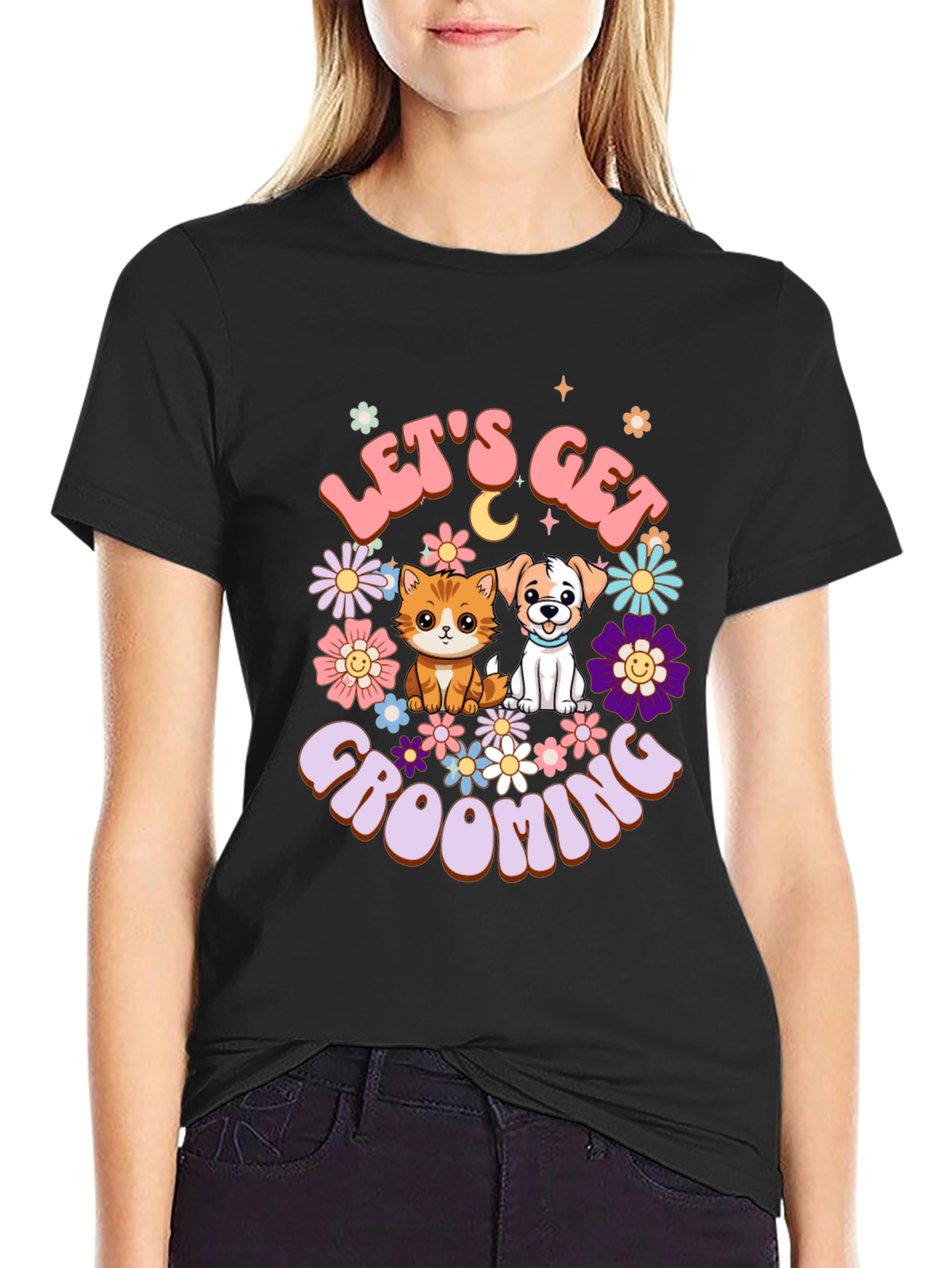 Camiseta Unisex Lets Get Grooming Mascotas Flores
