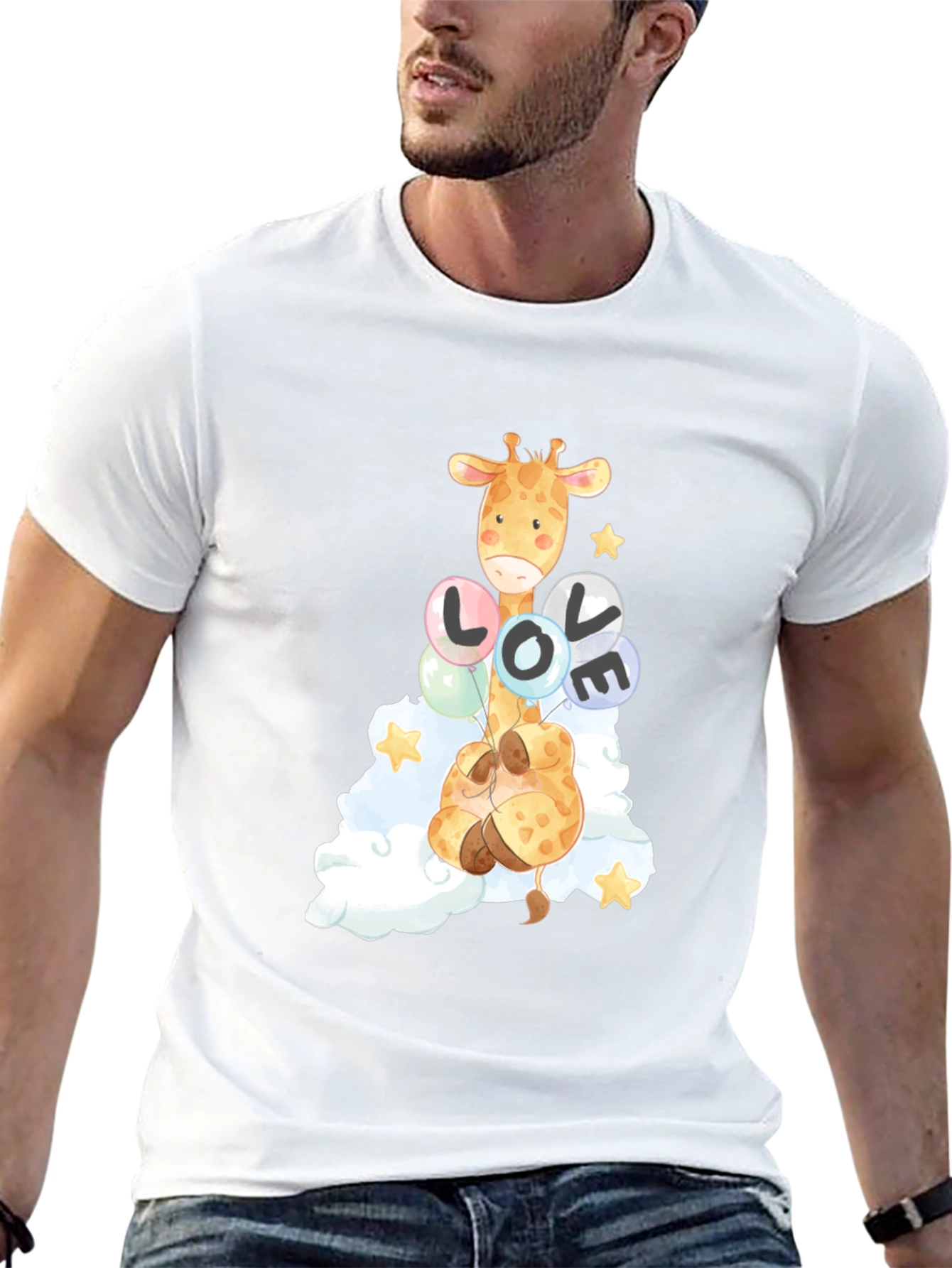 Camiseta Negra con Diseño de Jirafa y Globos LOVE