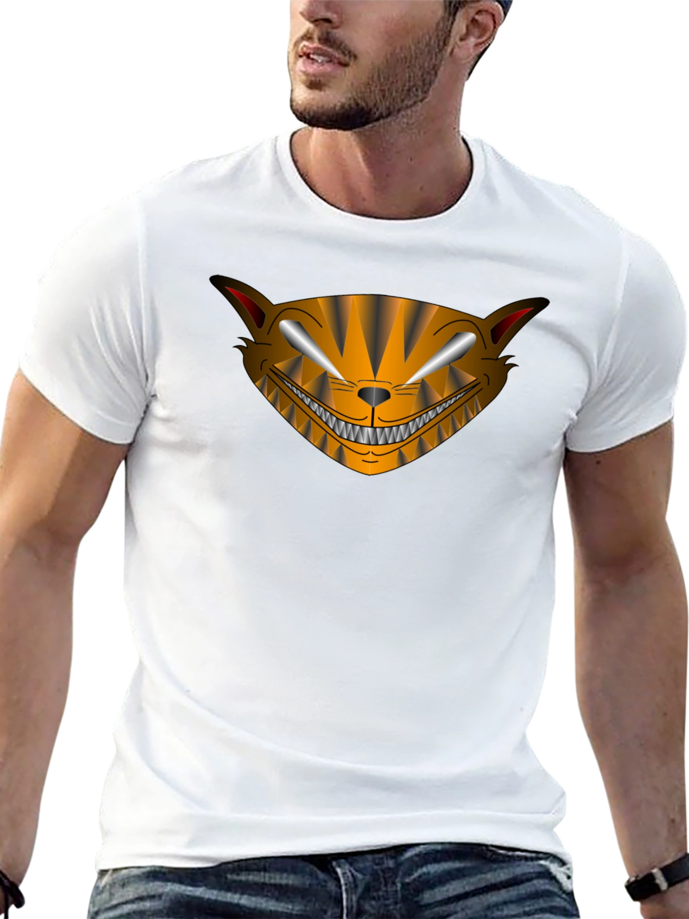 Camiseta Negra Hombre Diseño Gato Sonriente