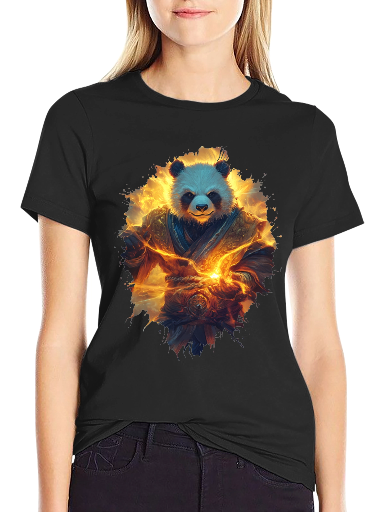 Camiseta Negra con Panda Guerrero