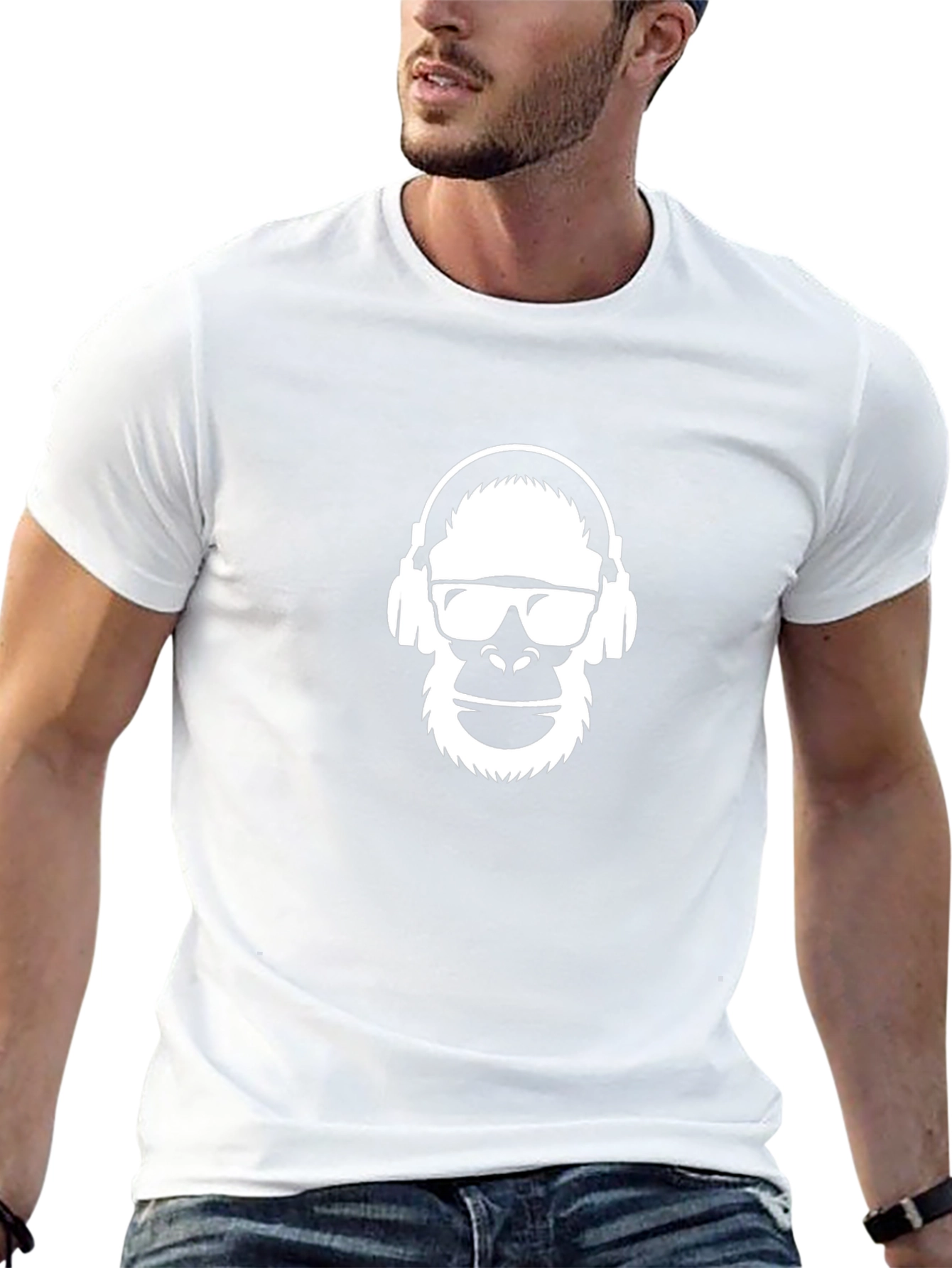 Camiseta Negra Hombre Diseño Mono con Auriculares