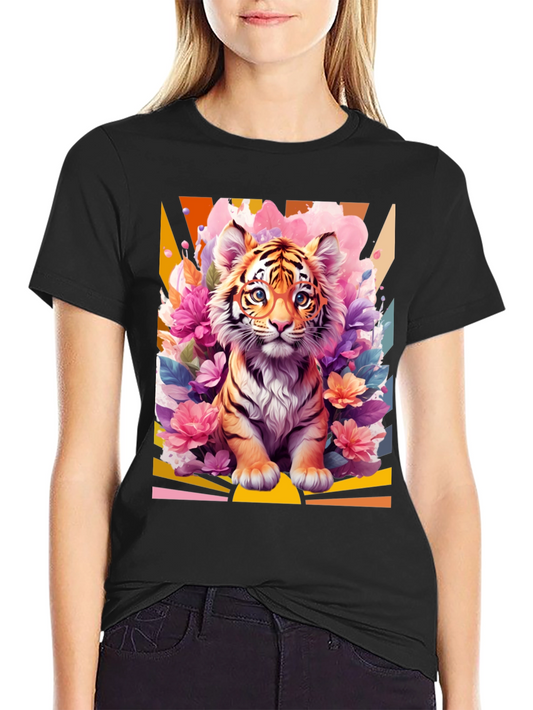 Camiseta Negra con Diseño de Tigre Floral