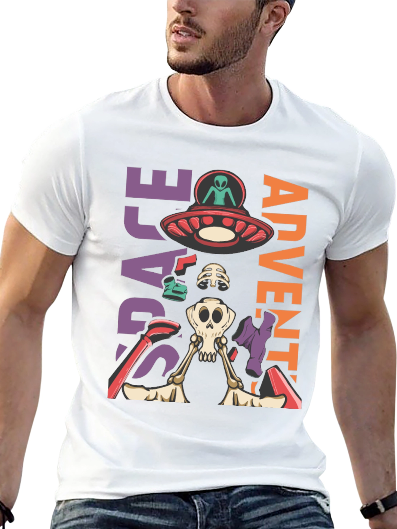 Camiseta Aventura Espacial con Alien y Esqueleto