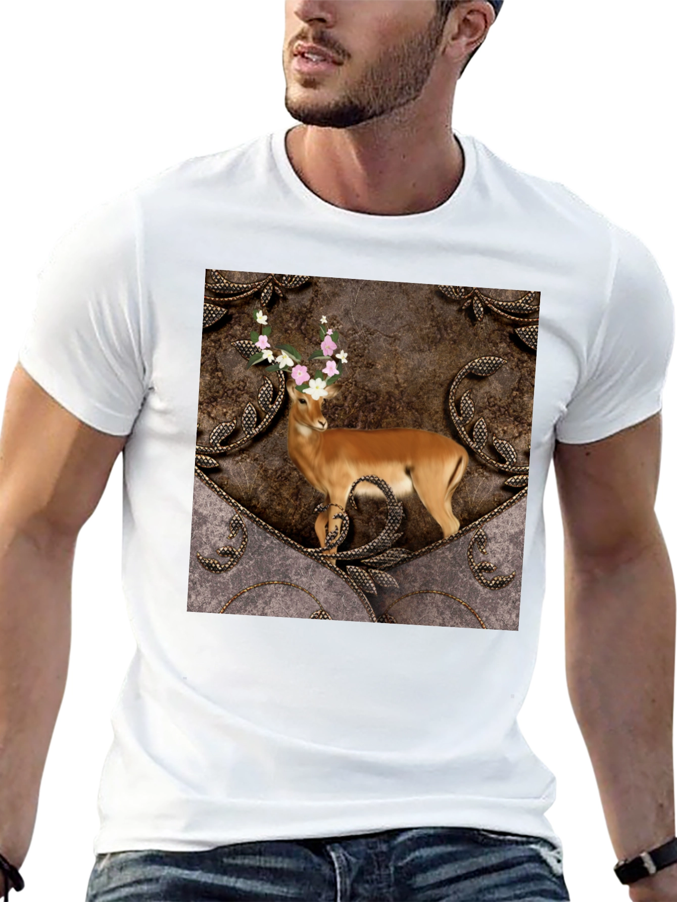 Camiseta Negra con Diseño de Ciervo Floral