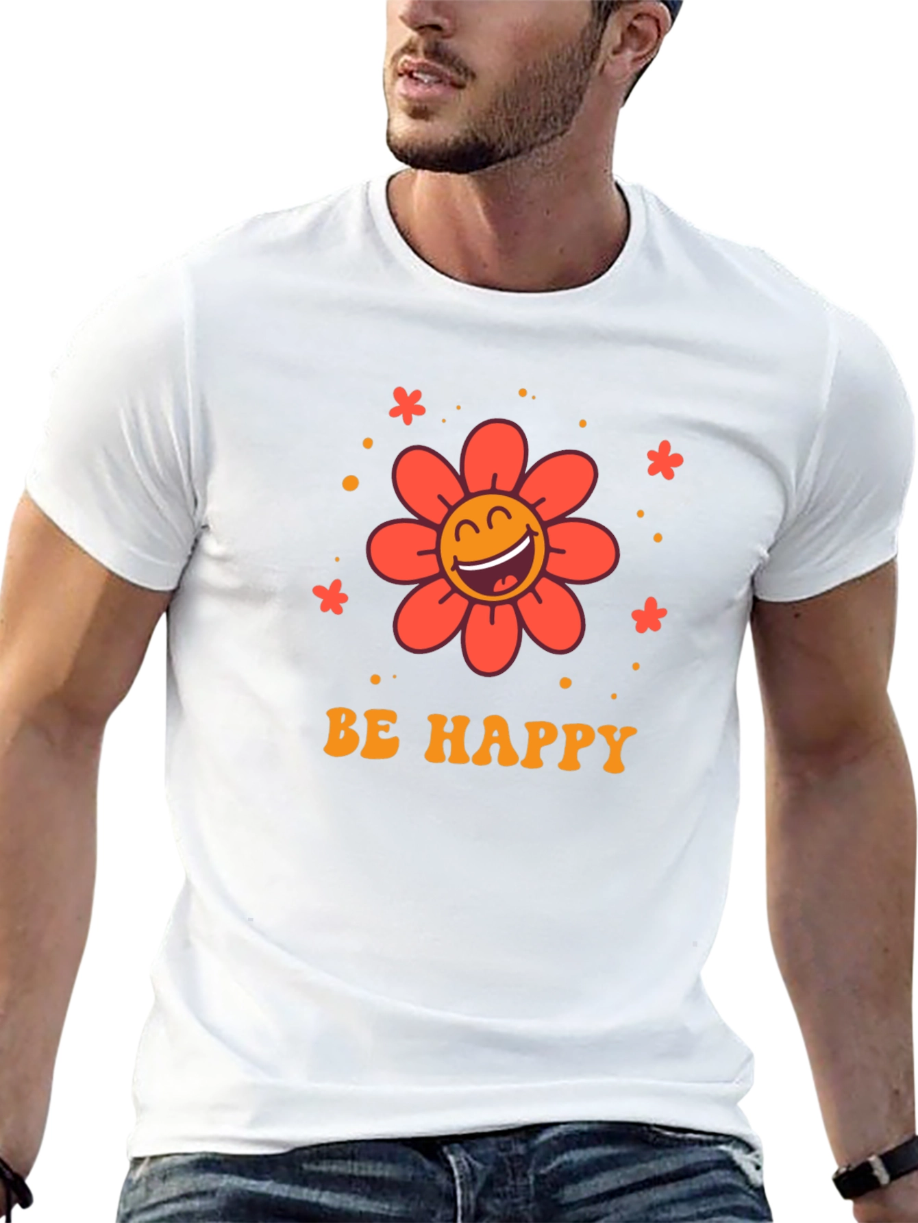 Camiseta Negra con Diseño Floral Sé Feliz
