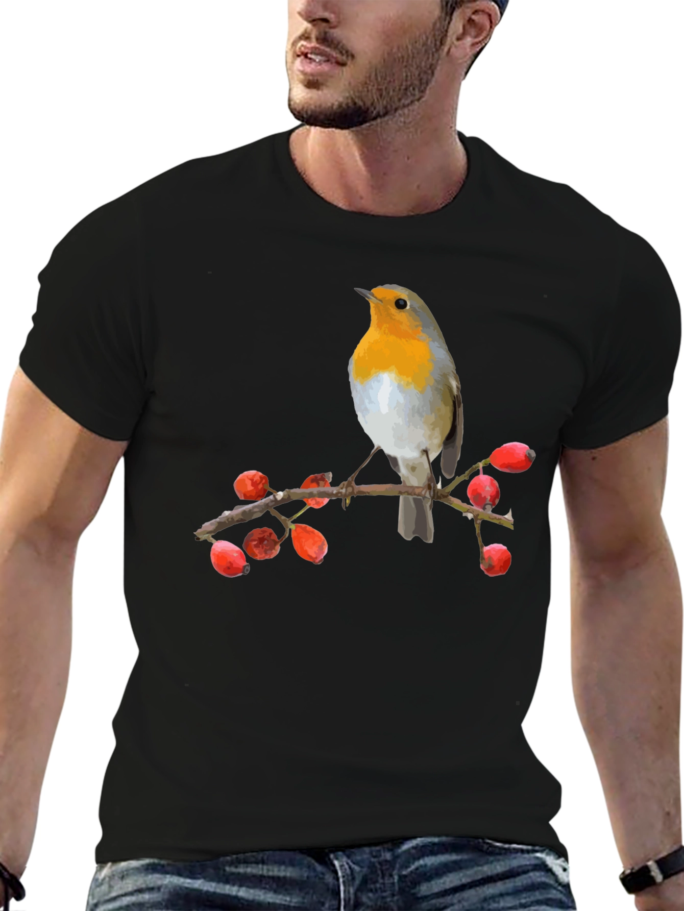 Camiseta Negra con Diseño de Pájaro Robin