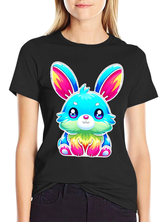 Camiseta Negra con Conejo Kawaii Multicolor