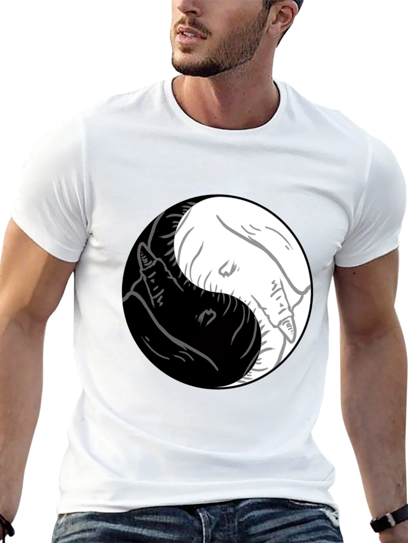 Camiseta Yin Yang Lobos Blanco y Negro Estilo Casual