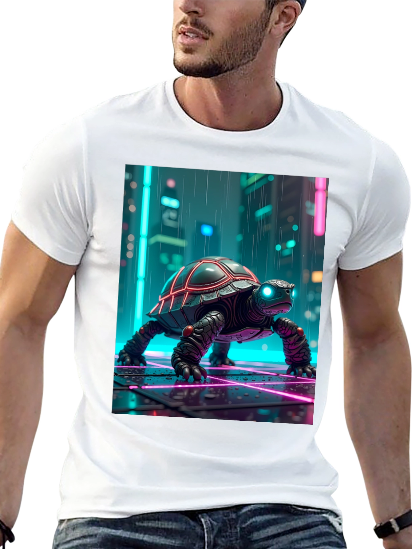 Camiseta Negra con Tortuga Cibernética Neón