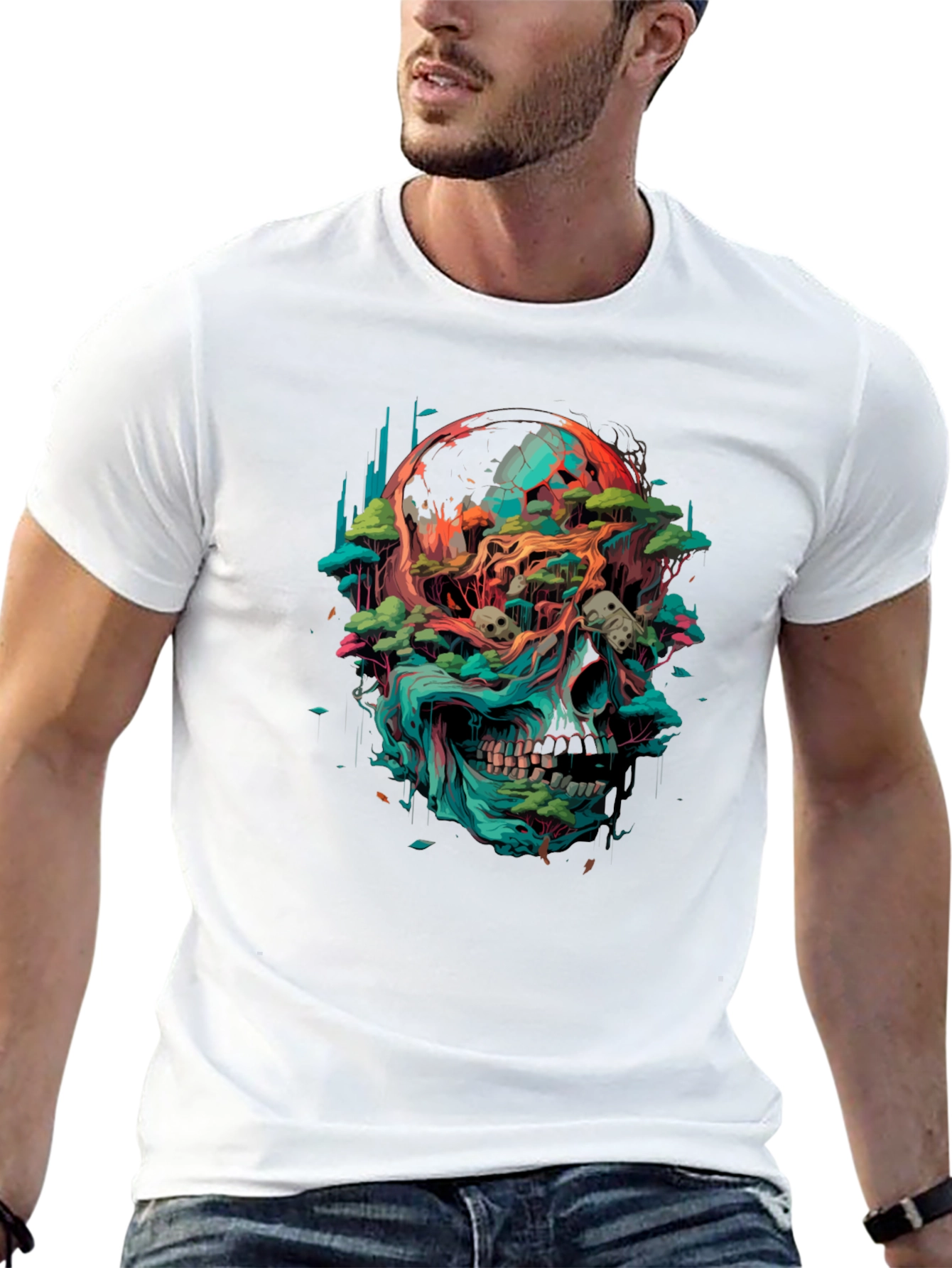 Camiseta Negra con Diseño de Cráneo y Naturaleza
