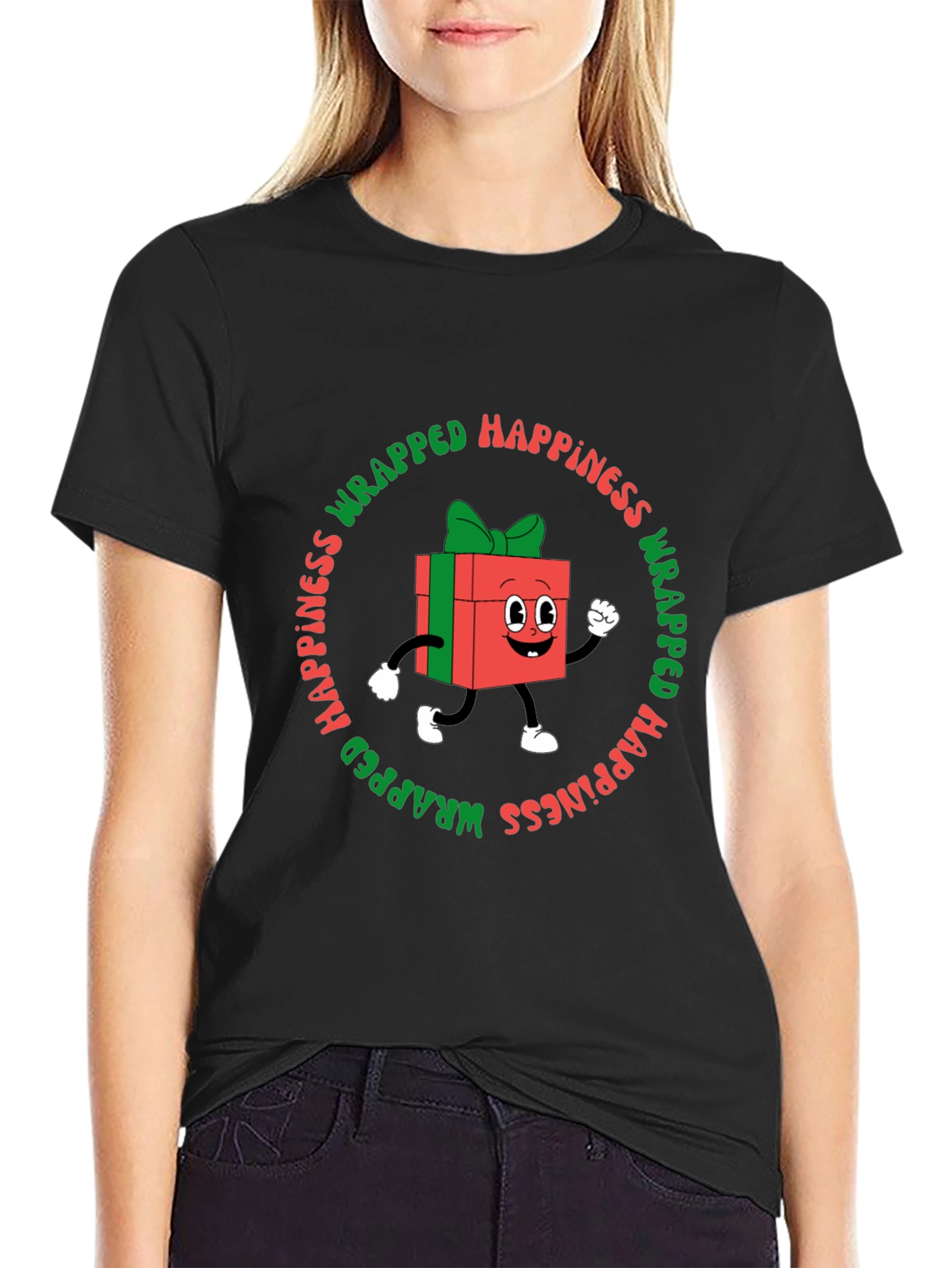 Camiseta Negra con Diseño Navideño Wrapped Happiness