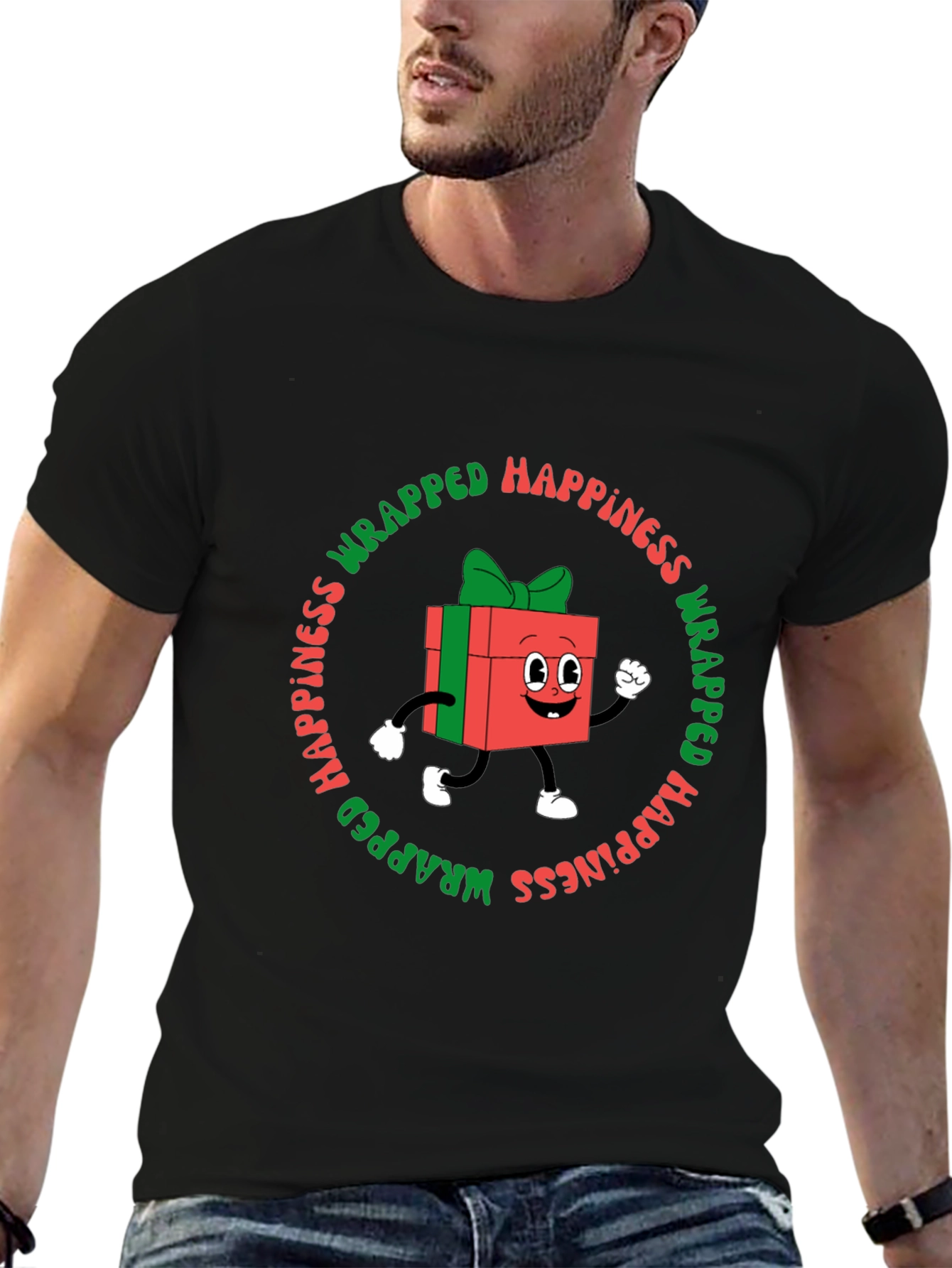 Camiseta Negra con Diseño Navideño Wrapped Happiness