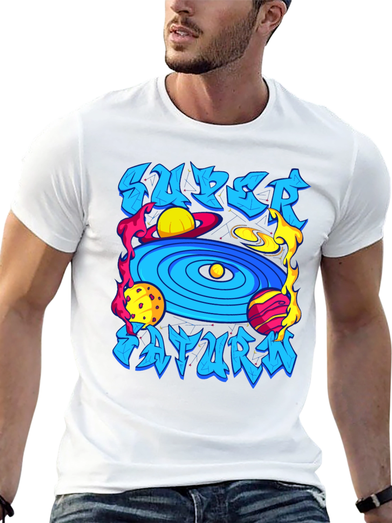 Camiseta Negra Super Saturno Estampada
