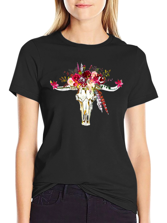 Camiseta Negra Calavera de Toro Floral Estilo Boho