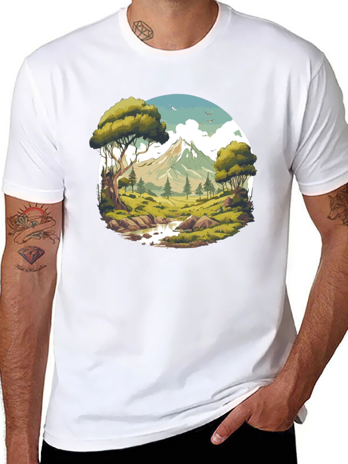 Camiseta Negra con Diseño de Paisaje de Montaña