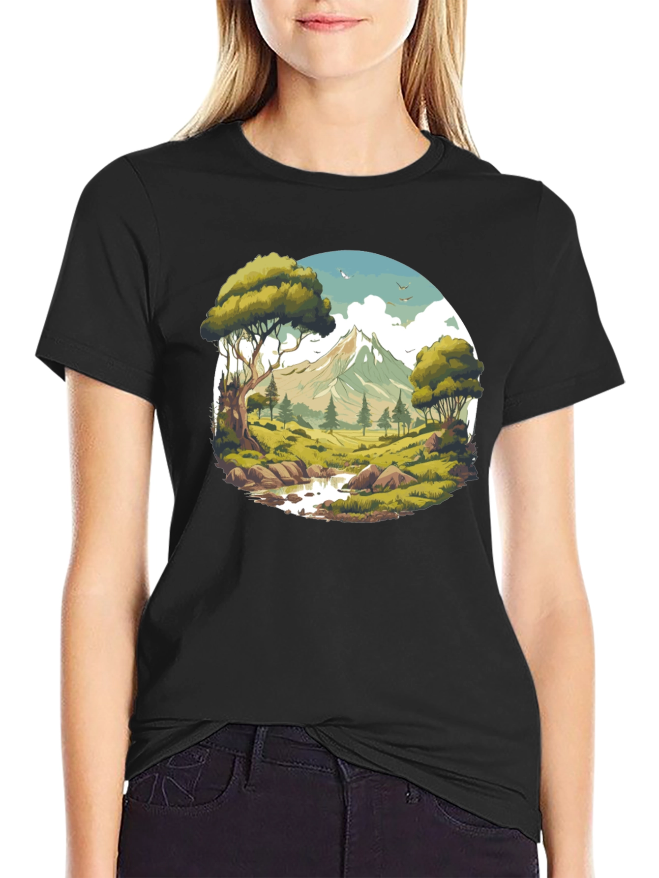 Camiseta Negra con Diseño de Paisaje de Montaña