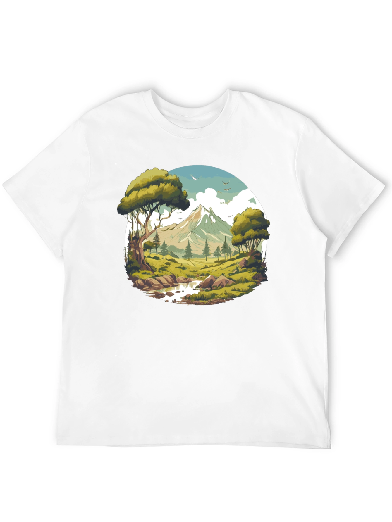 Camiseta Negra con Diseño de Paisaje de Montaña