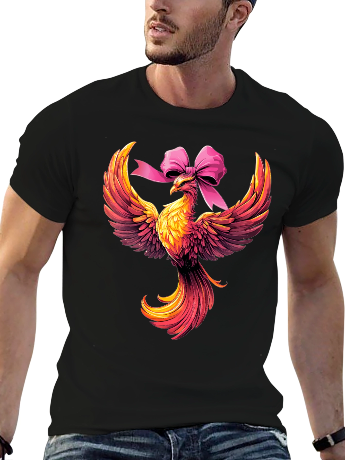 Camiseta Negra con Fénix y Lazo Rosa