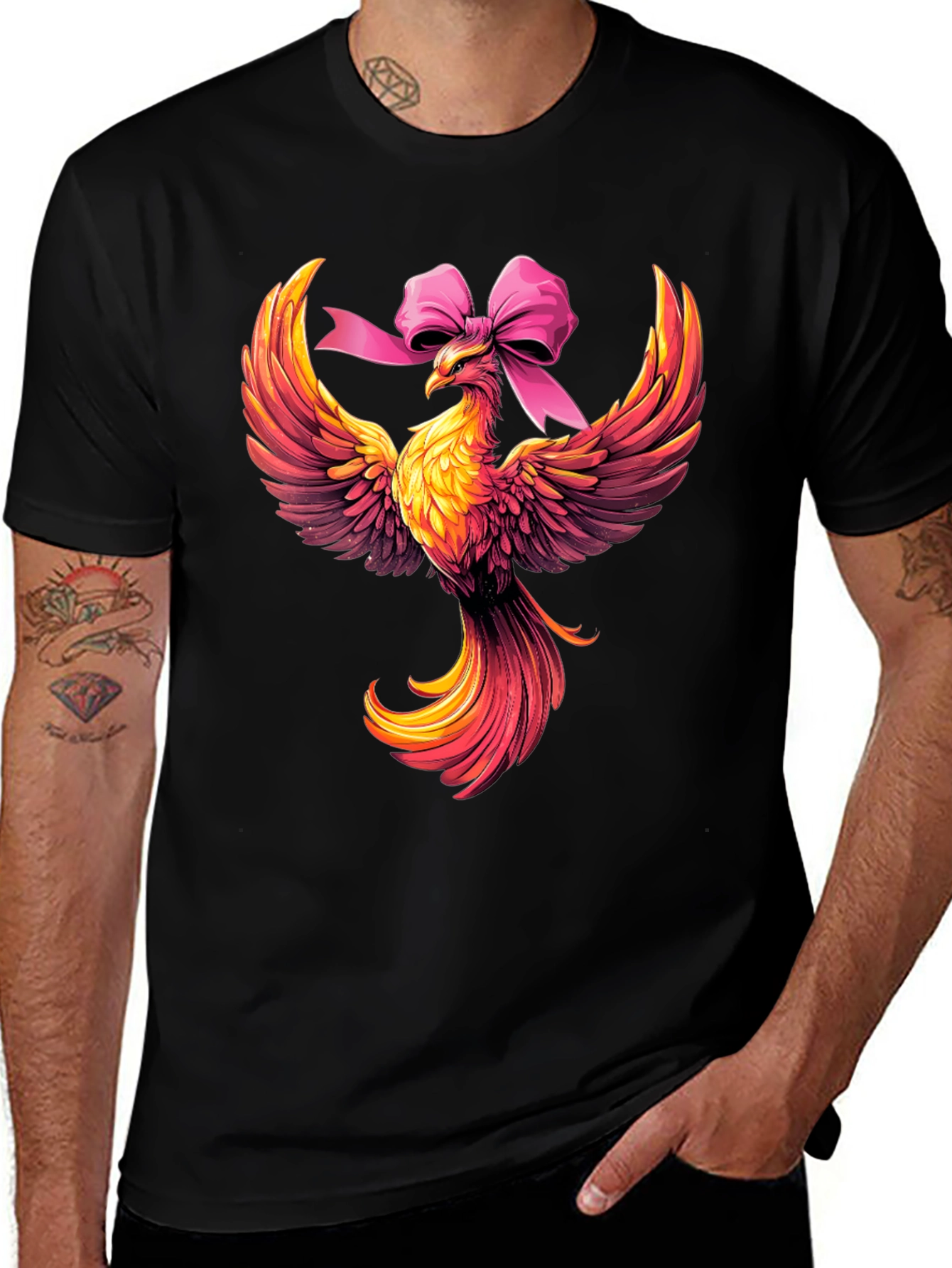 Camiseta Negra con Fénix y Lazo Rosa