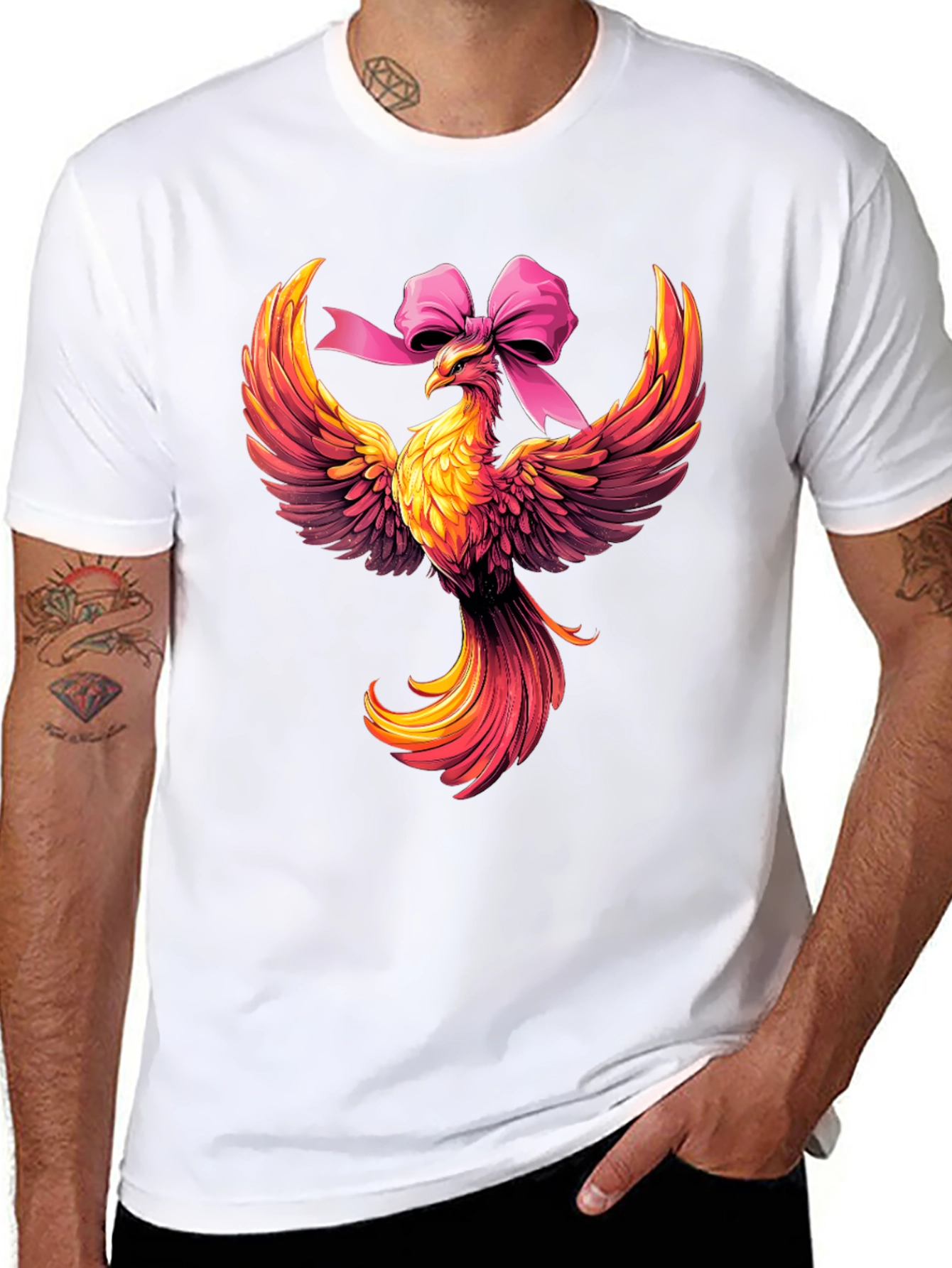 Camiseta Negra con Fénix y Lazo Rosa