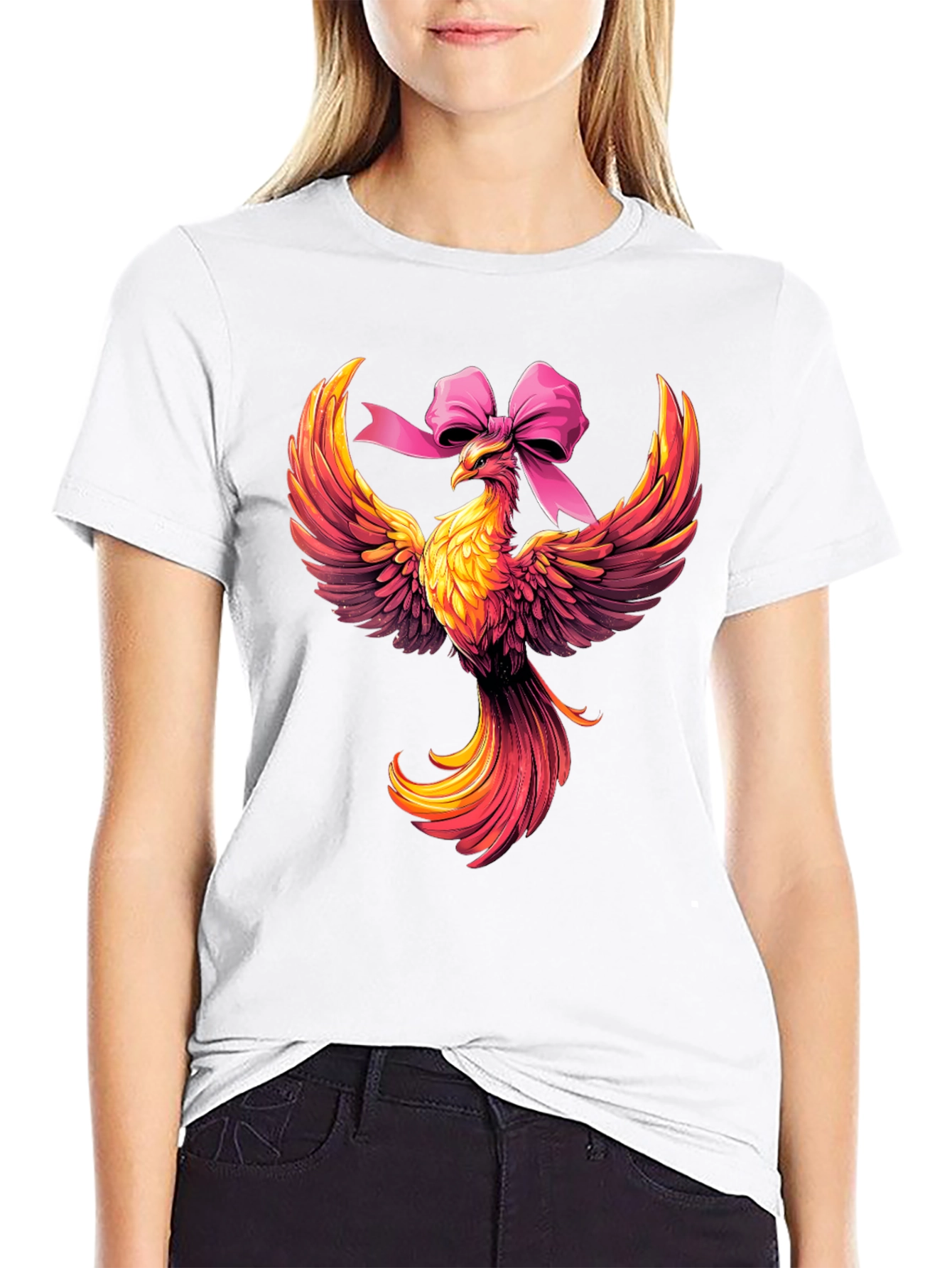 Camiseta Negra con Fénix y Lazo Rosa