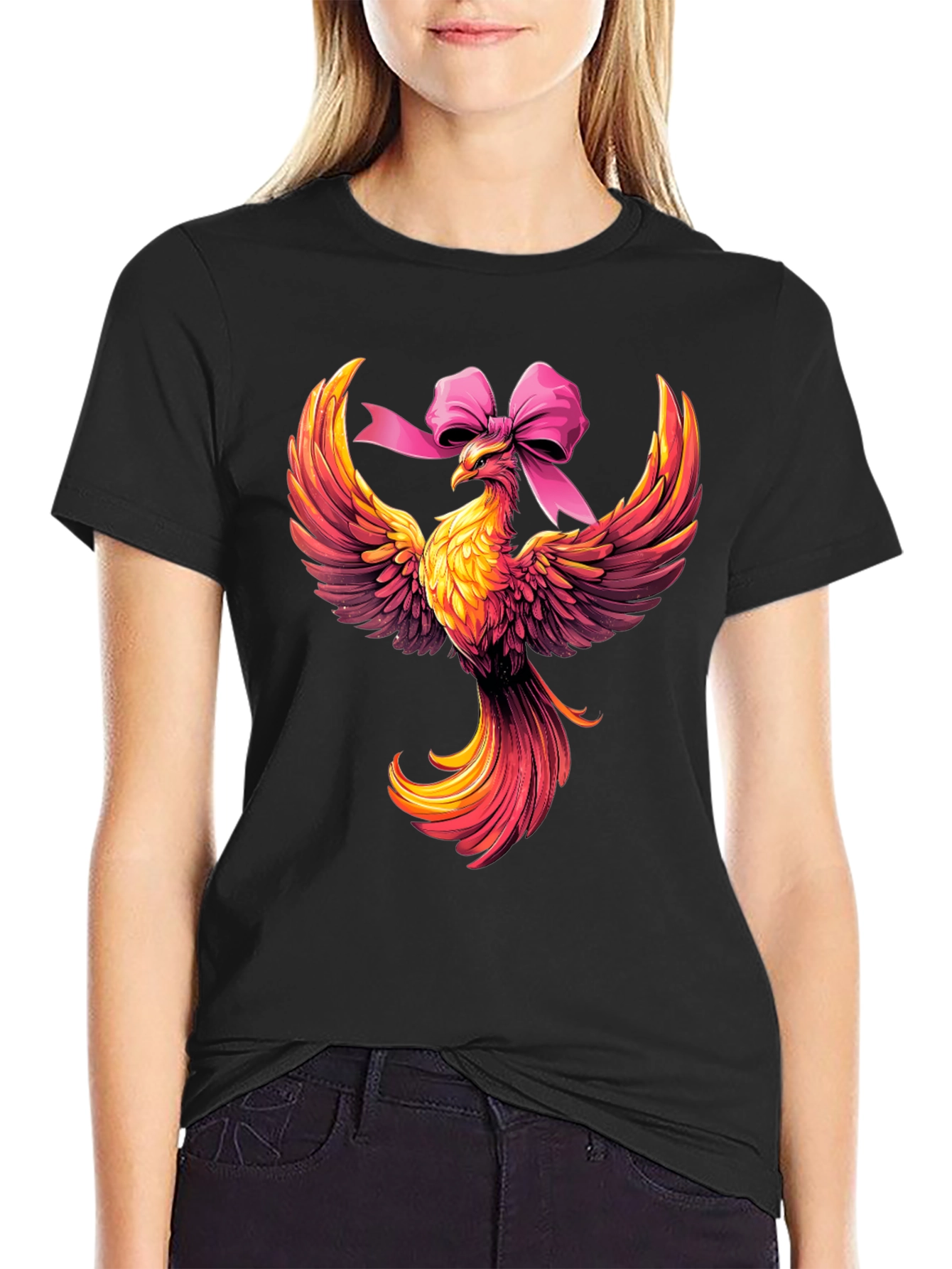 Camiseta Negra con Fénix y Lazo Rosa