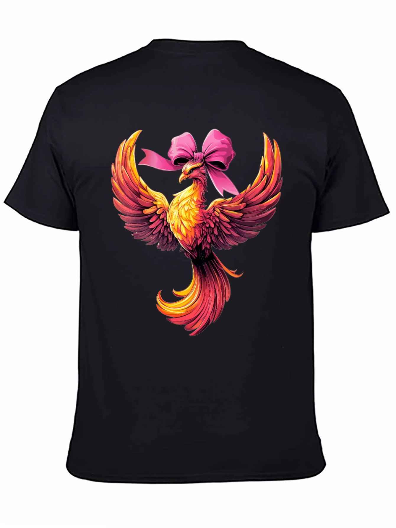 Camiseta Negra con Fénix y Lazo Rosa