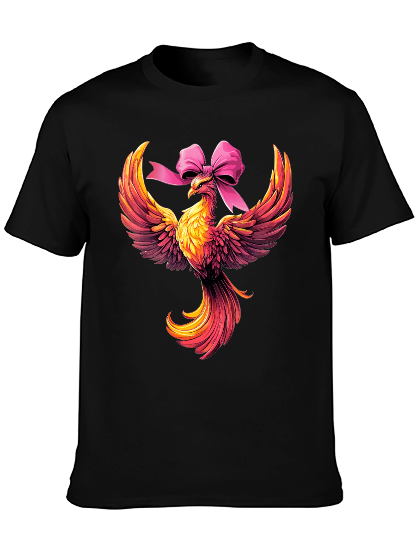 Camiseta Negra con Fénix y Lazo Rosa