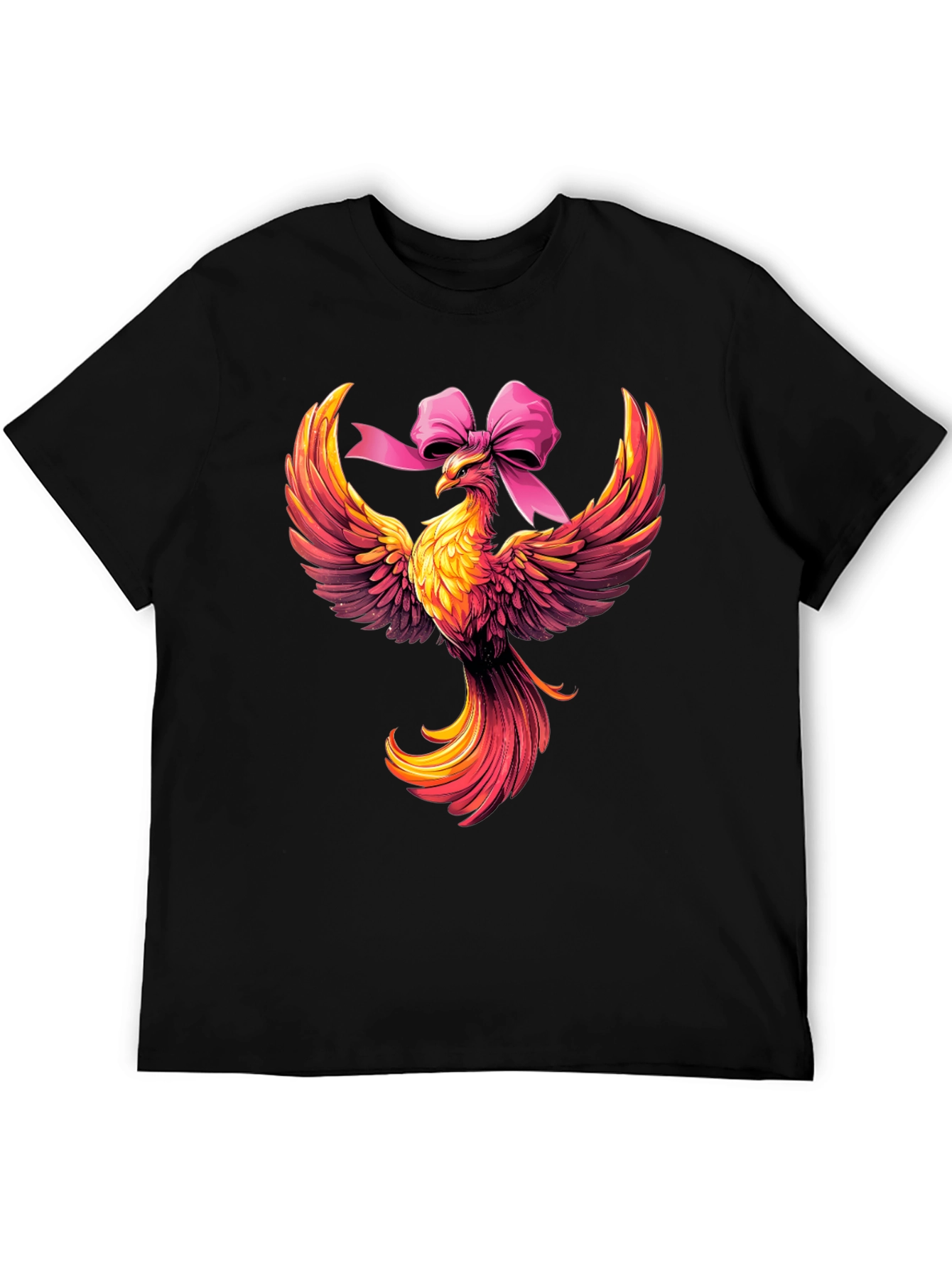 Camiseta Negra con Fénix y Lazo Rosa