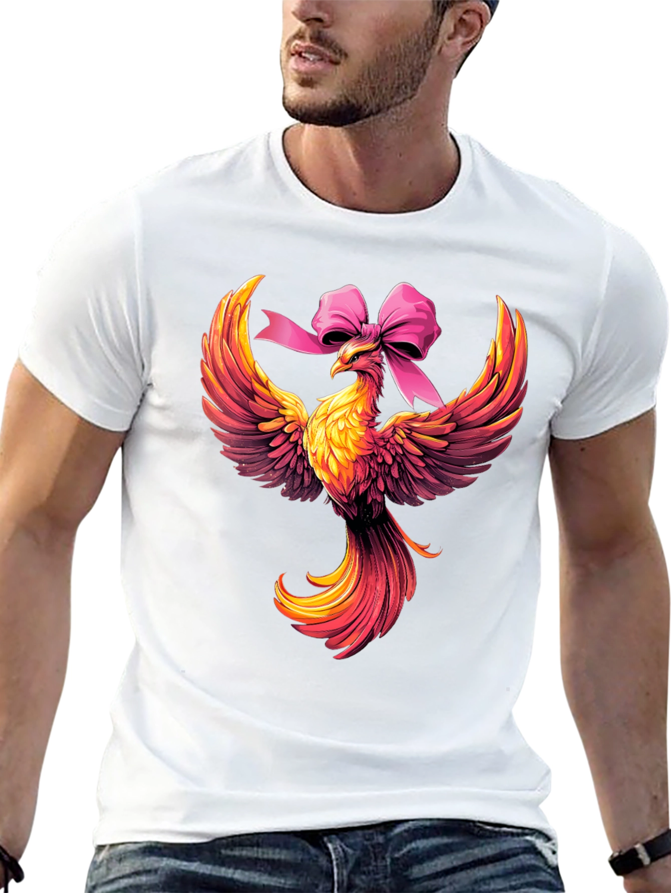 Camiseta Negra con Fénix y Lazo Rosa