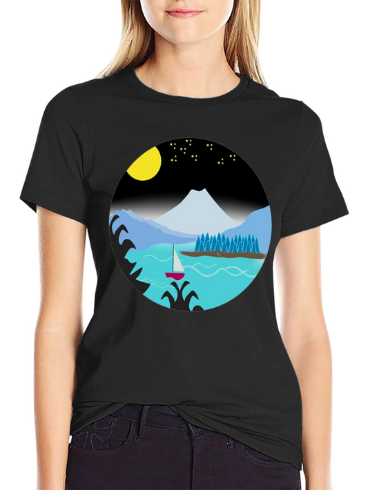 Camiseta Negra con Diseño de Paisaje Nocturno