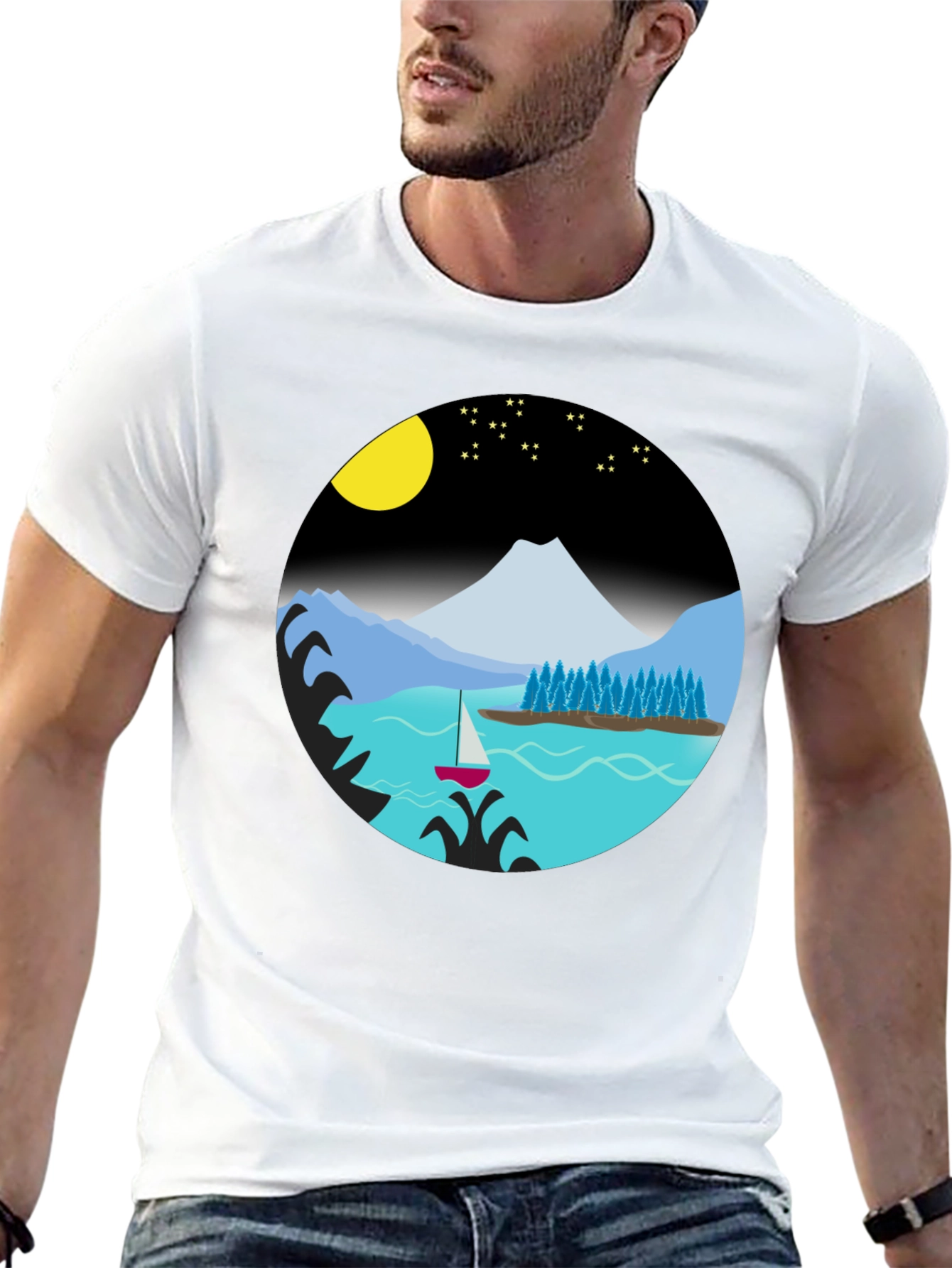 Camiseta Negra con Diseño de Paisaje Nocturno