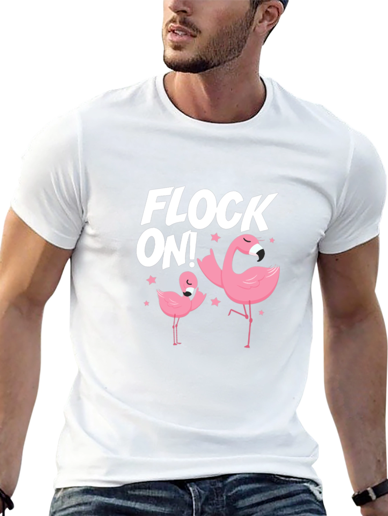 Camiseta Negra Flock On! con Flamencos Rosados