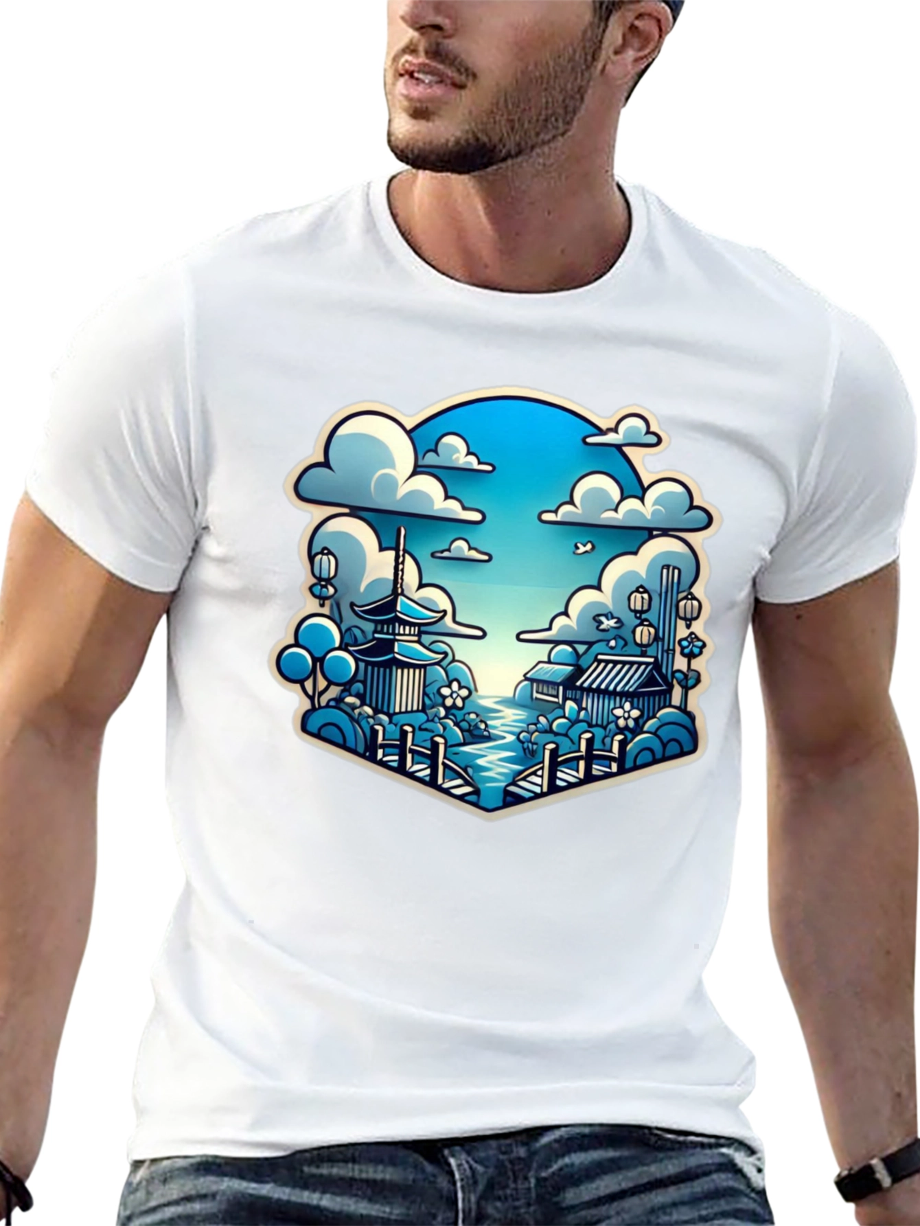 Camiseta Negra con Diseño Japonés Escénico