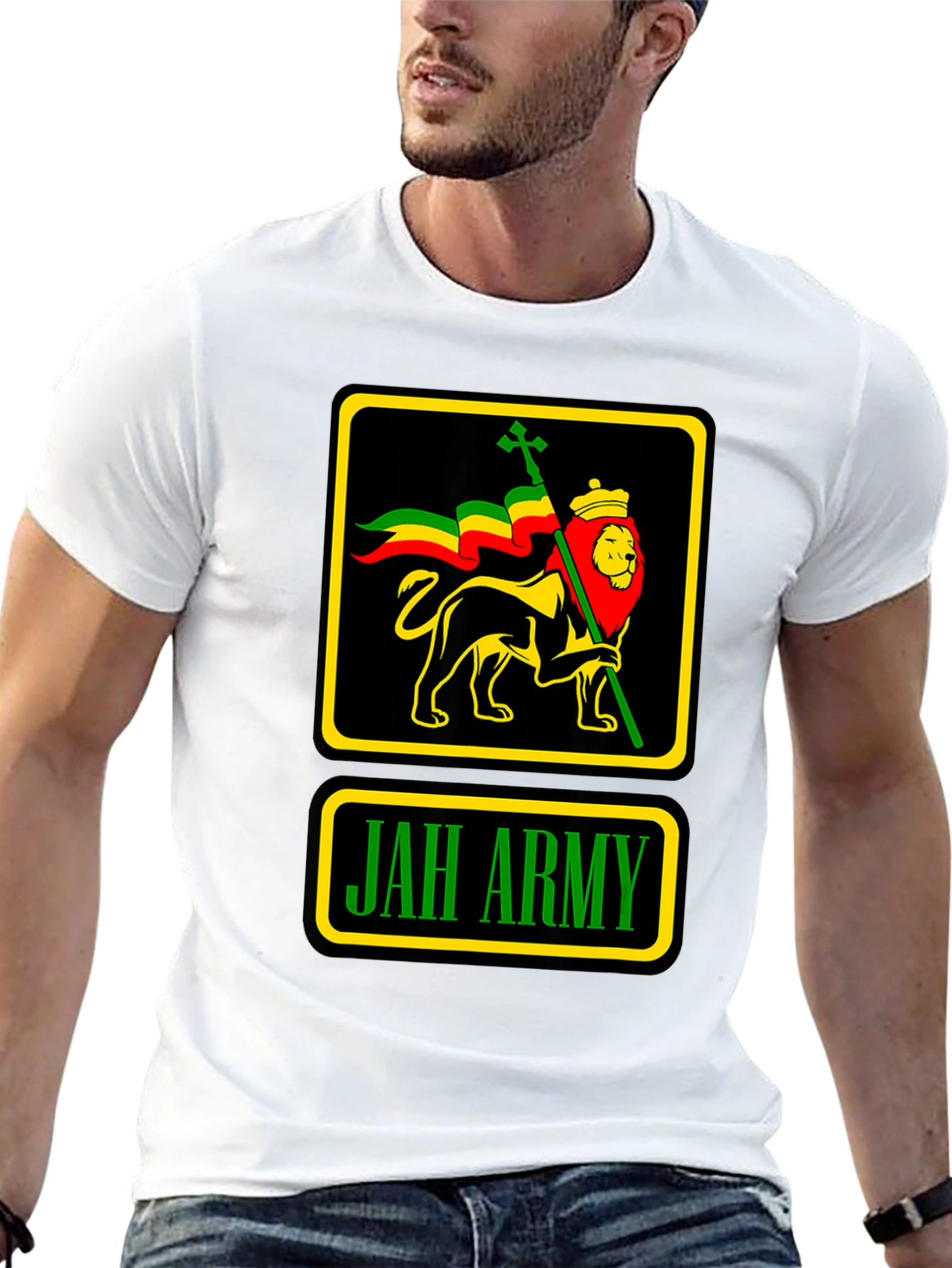 Camiseta Negra Jah Army Lion Reggae para Hombre