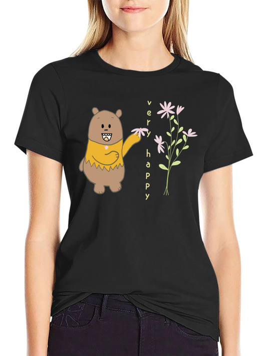 Camiseta Negra con Diseño de Oso Feliz y Flores