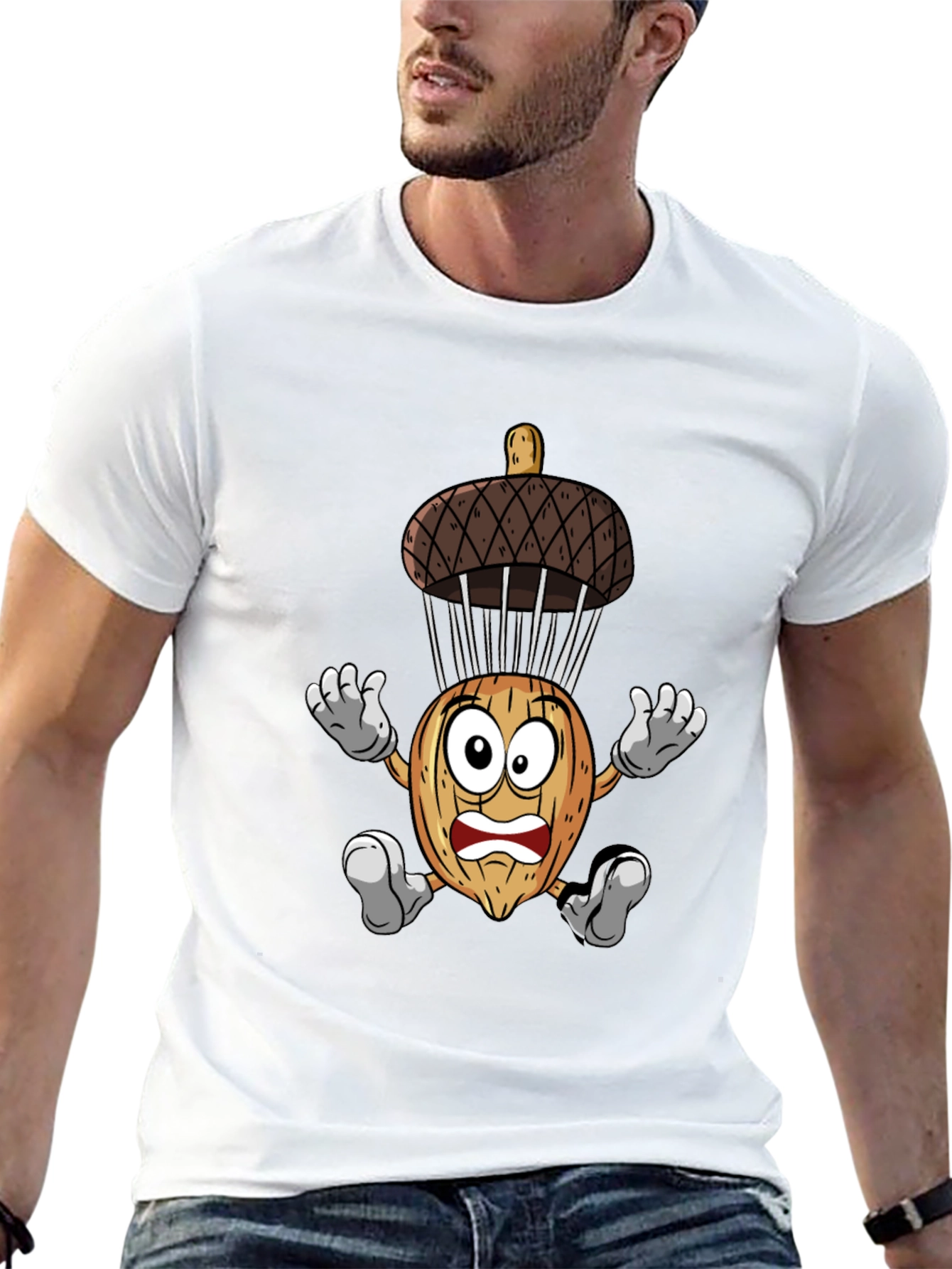 Camiseta Hombre Negra Estampado Divertido Bellota Paracaidista