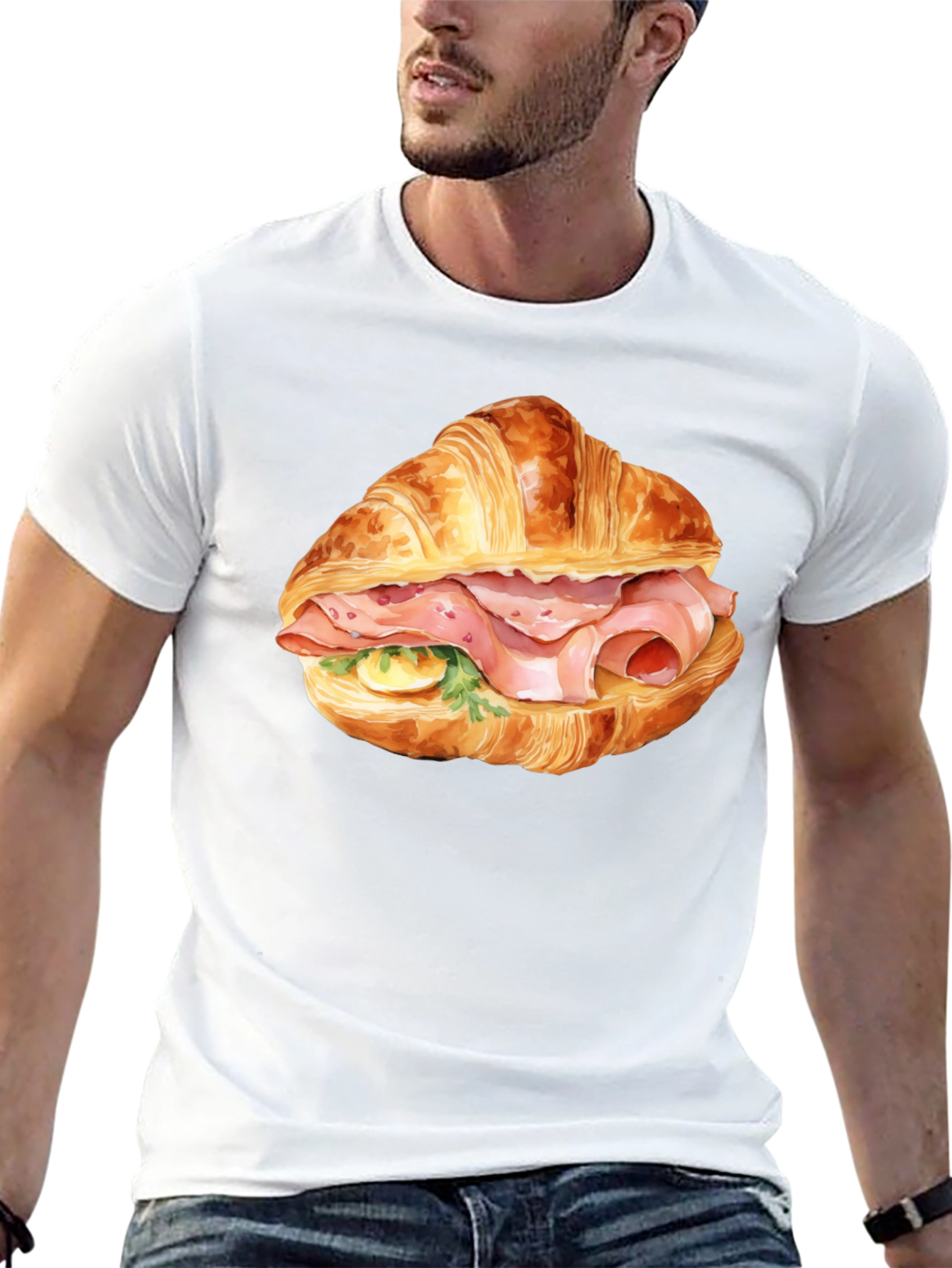 Camiseta Negra Estampada Croissant con Jamón