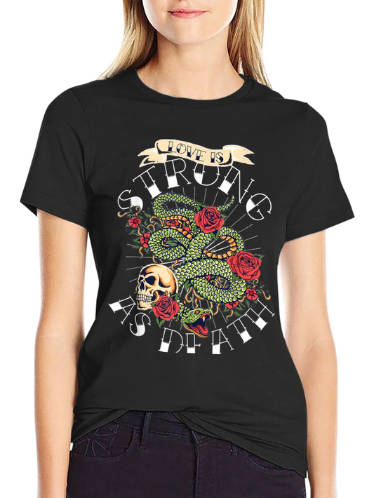 Camiseta Negra con Diseño de Serpiente Rosas y Calavera