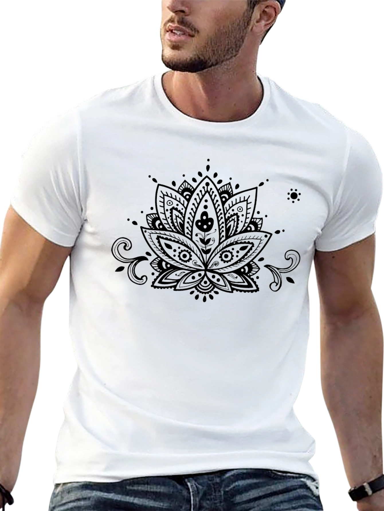 Camiseta Negra con Diseño Floral Mandala