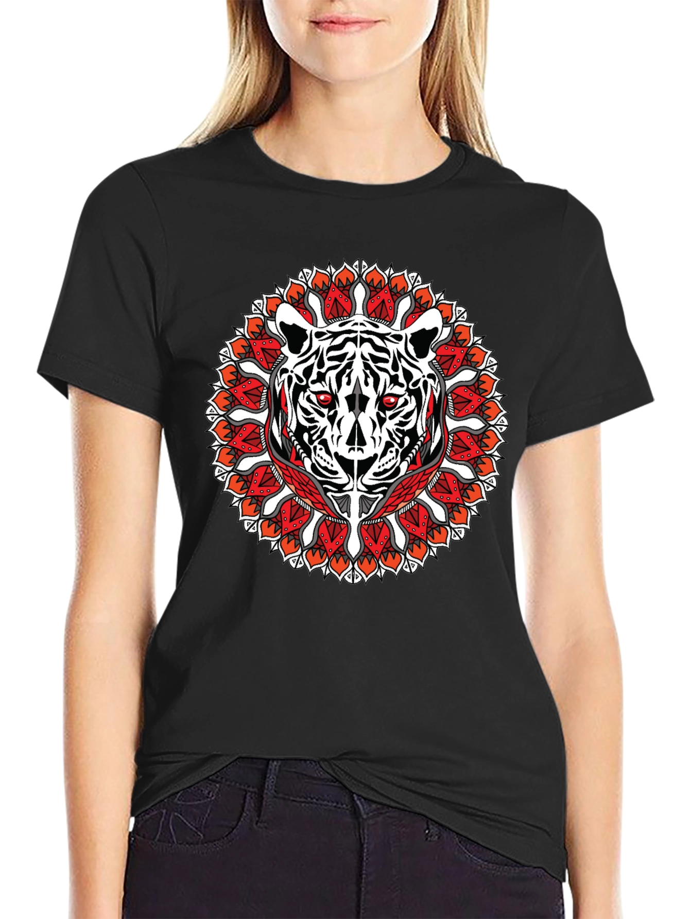 Camiseta Negra con Diseño de Tigre Mandala