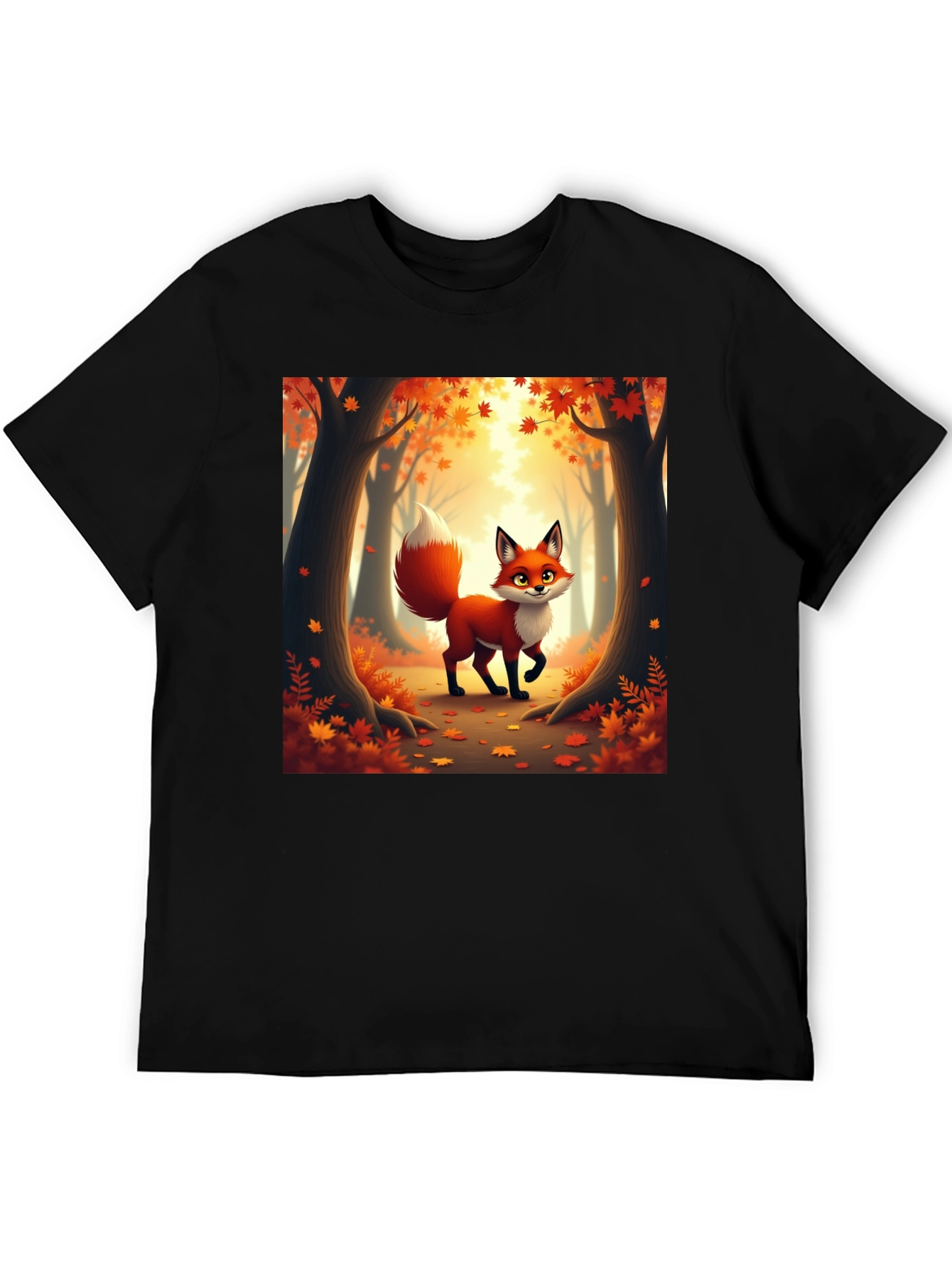 Camiseta Negra con Zorro Otoñal Animado