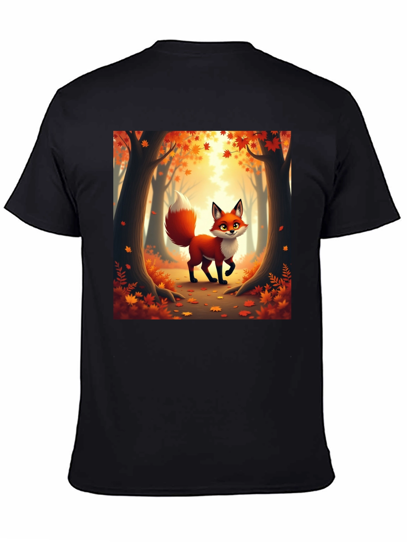 Camiseta Negra con Zorro Otoñal Animado