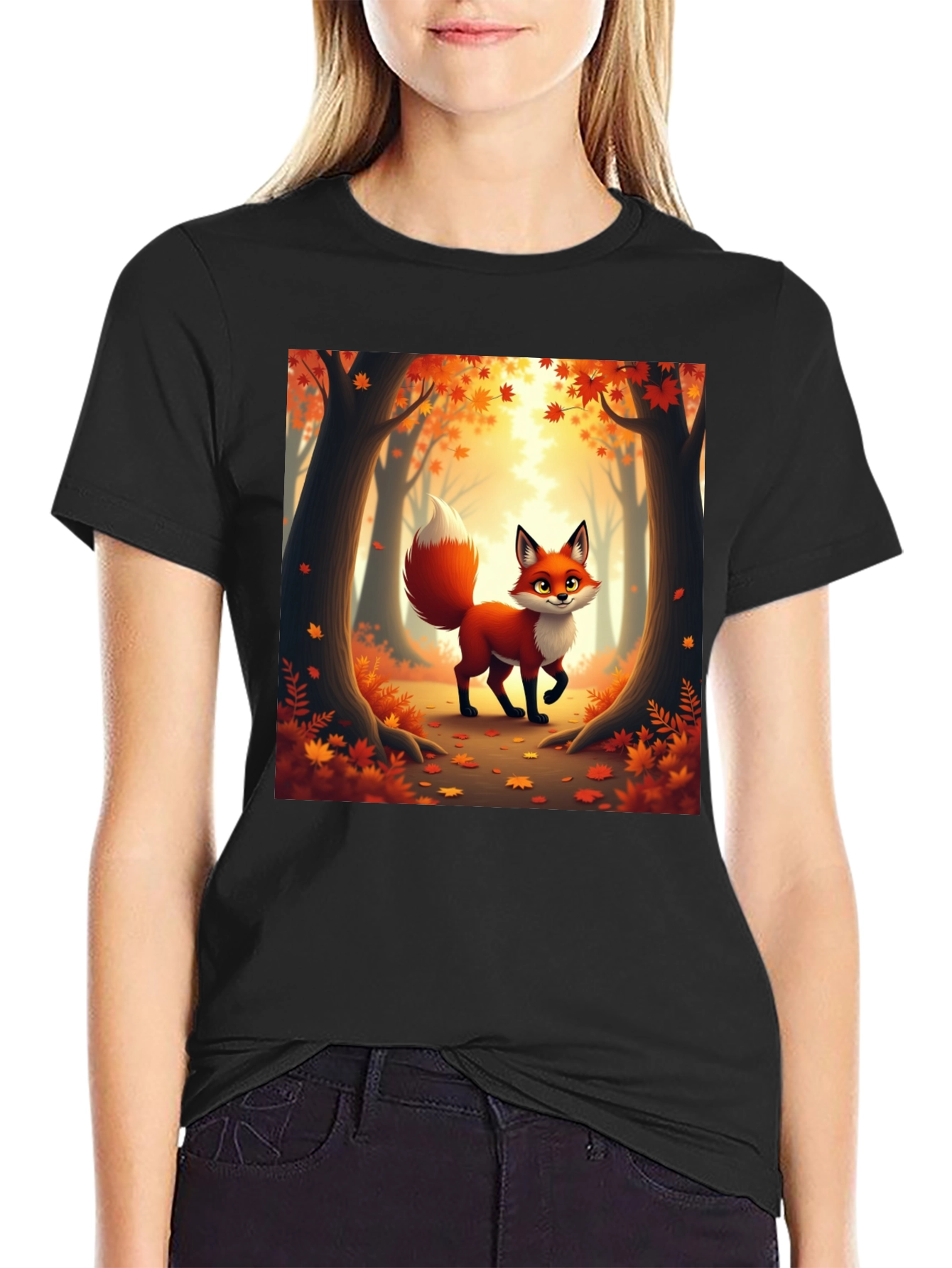 Camiseta Negra con Zorro Otoñal Animado