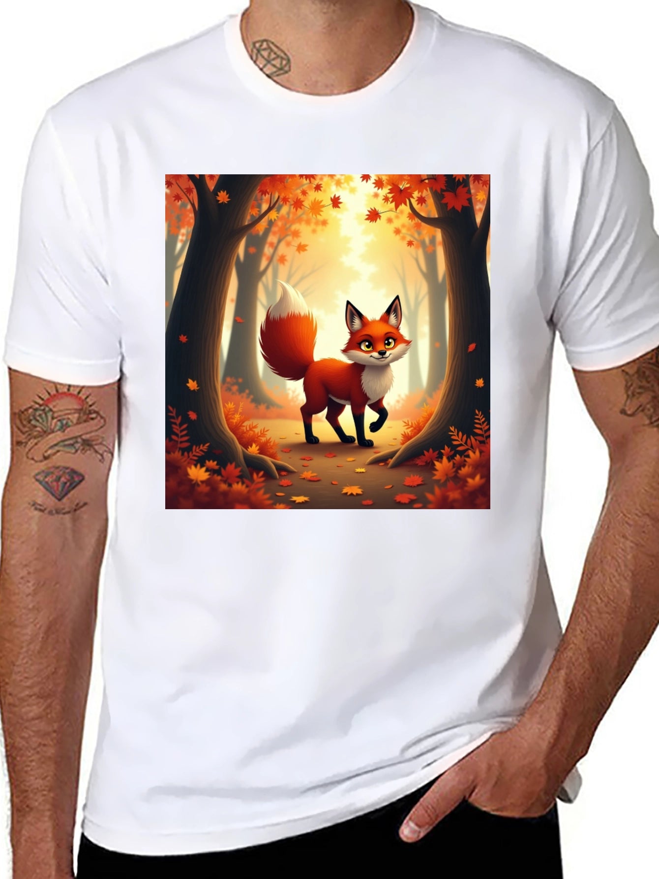 Camiseta Negra con Zorro Otoñal Animado